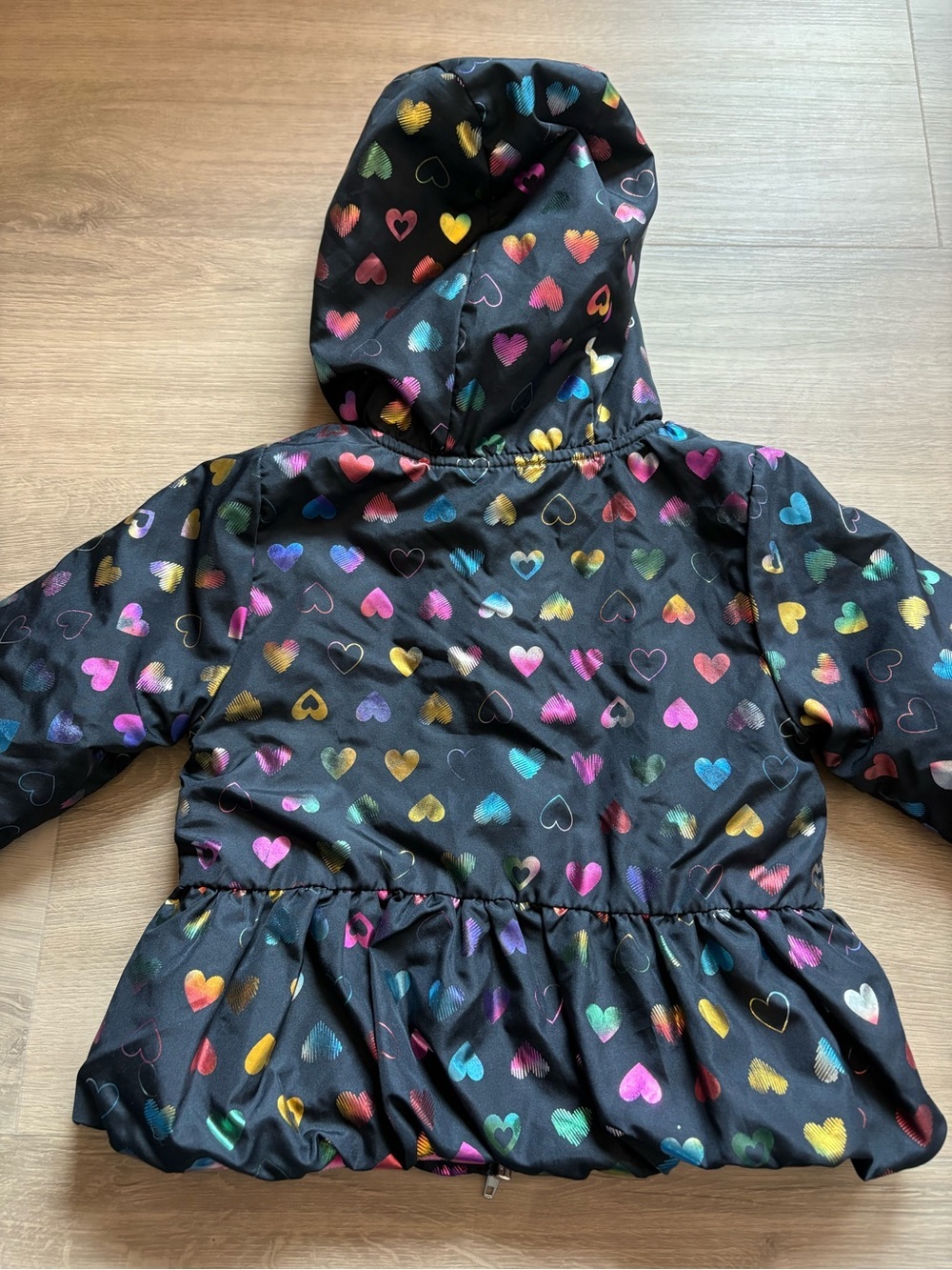 🌈 Kids Puffer Jacket Rainbow Heart Print Hooded with Pink Fleece- size 24M - Picture 2 of 5
